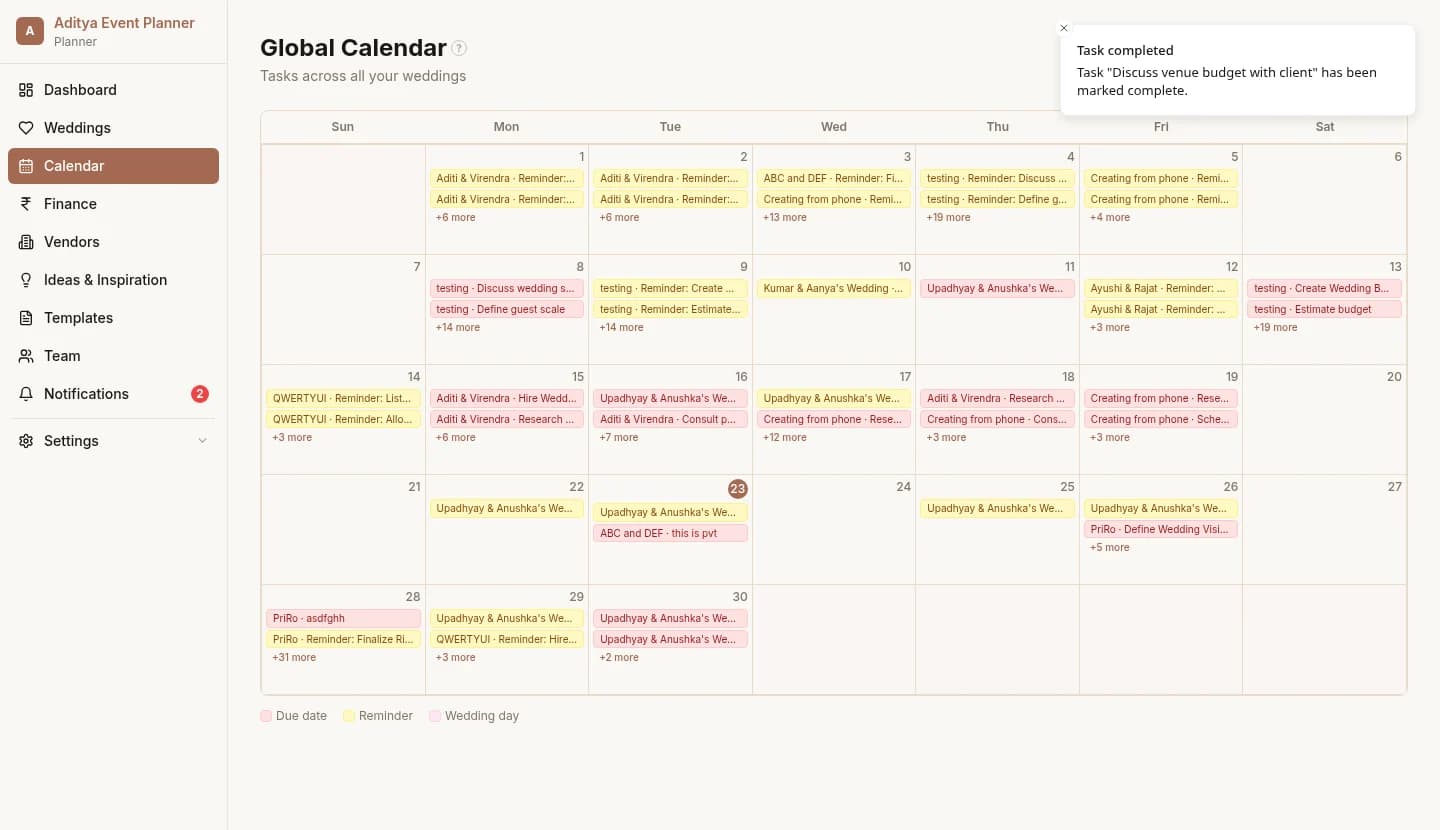 Global calendar view for June 2026 packed with colour-coded task deadlines and reminders across multiple weddings
